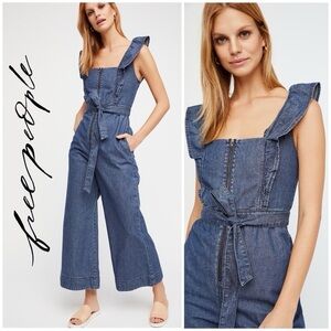 Nwt Free‎ people Sun valley Ruffled Zip front belted Denim jumpsuit